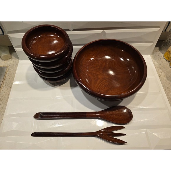 Handmade Other - Salad Bowl Set CARIBCRAFT Handmade in Haiti Mid Century Modern Mahogany 8pc Set